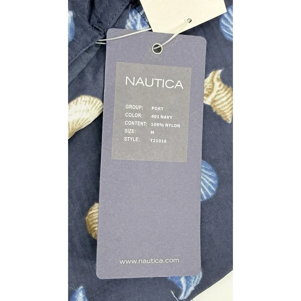 Nautica Sea Shell Print Navy Blue T21016 Nylon Swim Trunks Mesh Lined Mens M NWT